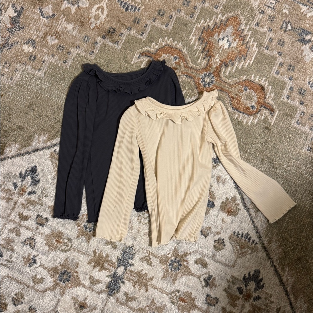Ruffled Long Sleeve Tops in blue and Cream